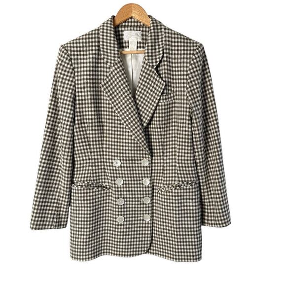 Vintage 80s Sheperd Check Wool Blazer Jacket Double Breasted in Brown & Cream, M - Picture 1 of 12